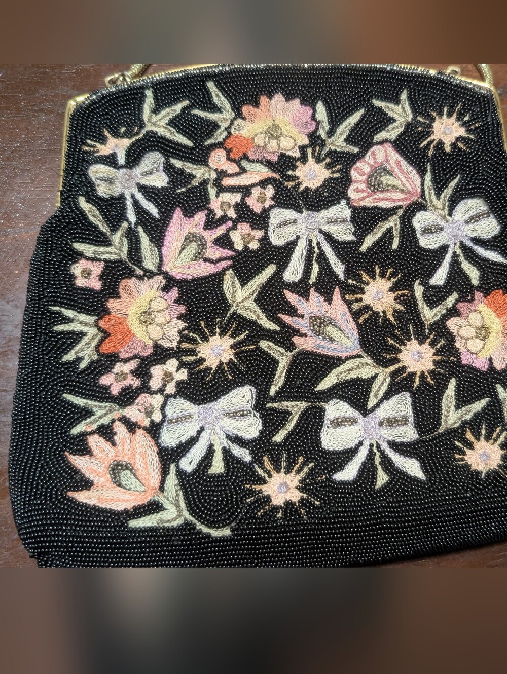 Vintage Hand Beaded Purse From Belgium Black Floral Bows